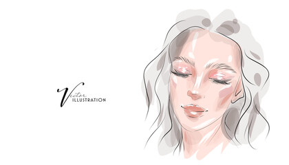 Beautiful young woman with makeup, hand drawn in vector format.