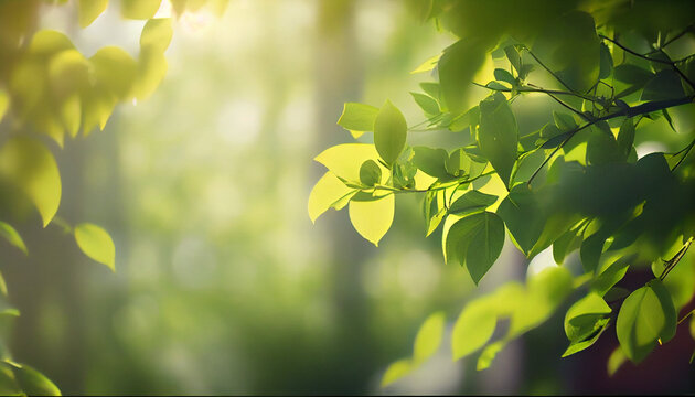 Beautiful natural spring summer defocused panoramic background frame with fresh juicy foliage and bokeh outdoors in nature, Ai generated image