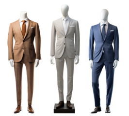 business dark grey, beige and blue suite on mannequin isolated on transparent background