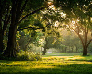 A beautiful view of countryside landscape with green grass and old trees. Nature design theme.