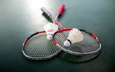 Two shuttlecocks and badminton racket on court floor - obrazy, fototapety, plakaty