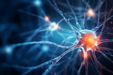 Brain neural network, active neuron cells, cell connection, Generative AI