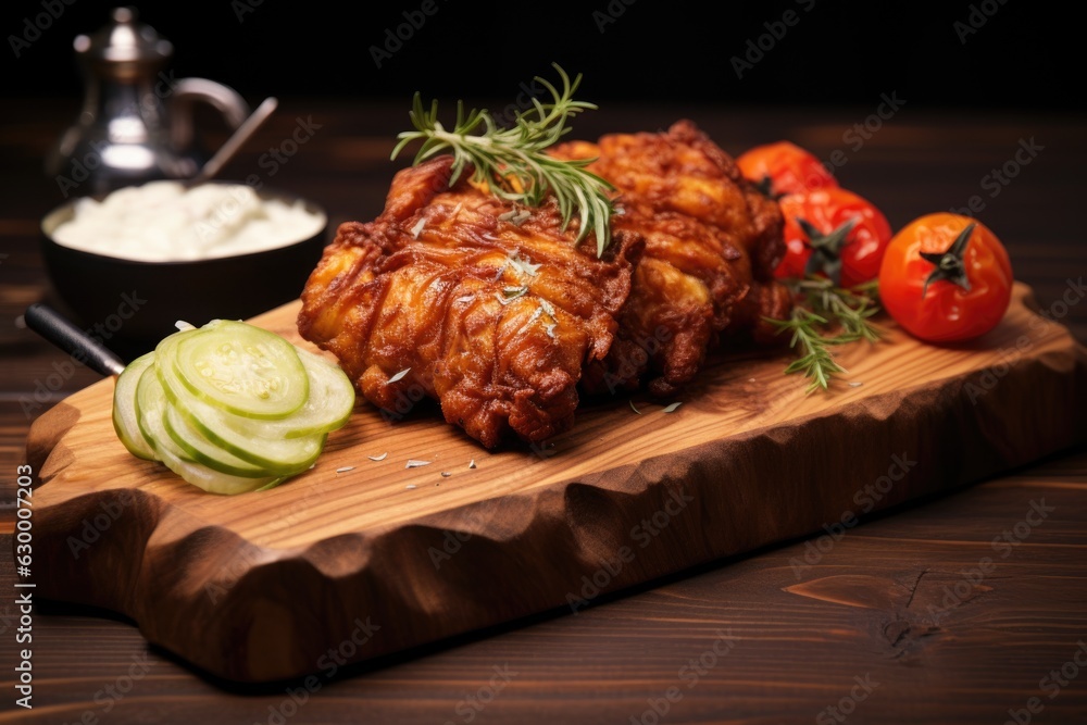 Poster garnished fried chicken on a wooden board