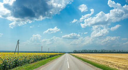 Asphalt road in between fields on a bright sunny day against a cloudy sky. Expressway.