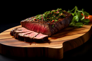 A slice of perfection: tender beef, expertly cooked and elegantly served on a rustic wooden board. 🥩🍃✨