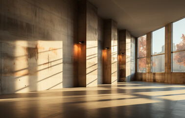 Building under construction, wooden wall, concrete, golden light, abstract minimalism style