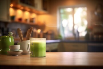 blurred background of a cozy kitchen with matcha latte in focus
