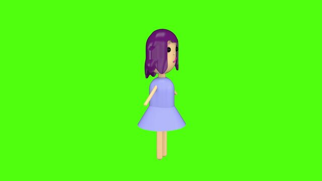 3d animation, girl cartoon avatar character  . modern minimal design with seamless movement on a green background.  Green screen.