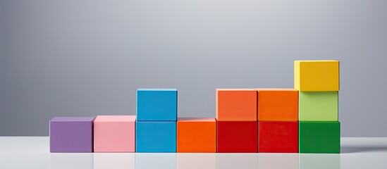 Colorful toy building blocks are displayed on a grey background with space to copy