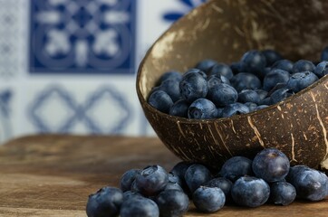 closeup of a bowl filled with fresh blueberries sitting atop a wooden table