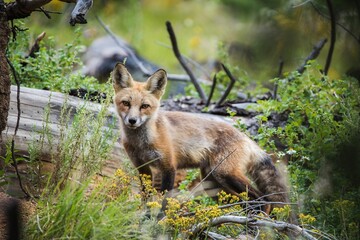 Lone fox strolling through a lush forest, with tall trees and vibrant greenery surrounding it