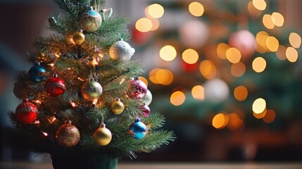 Fototapeta na wymiar Christmas tree with colorful lights on bokeh background. Christmas tree closeup