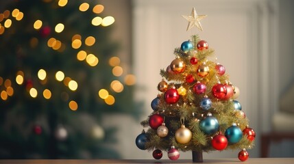 Fototapeta na wymiar Christmas tree with colorful lights on bokeh background. Christmas tree closeup