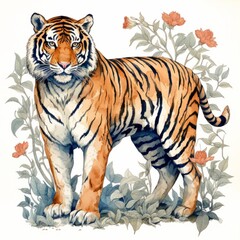Obraz premium Watercolor illustration realistic of a fullbody tiger and flowers on white background.