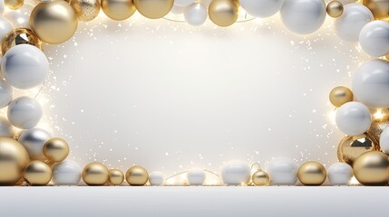 Fototapeta na wymiar white and gold Christmas balls with bokeh background. space for text. Christmas background