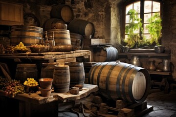 oak barrels aging wine in a rustic cellar