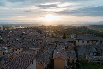 Aerial view of the picturesque town of Montepulciano during sunset