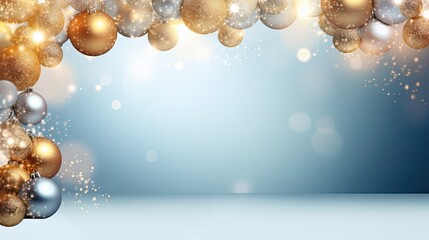 Christmas and New Year background with golden balls and bokeh.