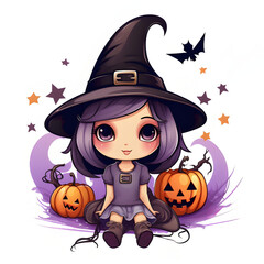 Halloween Witch with Pumpkins. Cartoon character on the white background. Halloween symbol. Generative AI.
