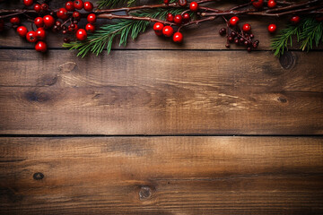 Fototapeta na wymiar New Year Brown Wooden Background with Green Tree and Red Berries - Created with Generative AI Tools
