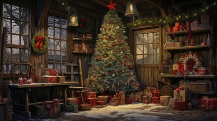 Christmas tree with gifts in front of a wooden house