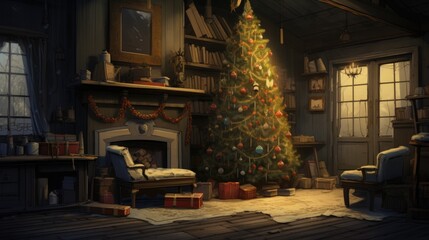 Christmas tree and fireplace in the old wooden house.