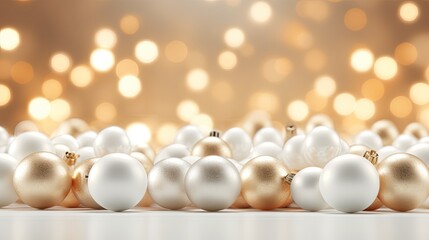 Obraz na płótnie Canvas White and golden Christmas balls on bokeh background. Christmas and New Year concept