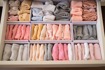 close-up of baby clothes neatly organized in drawers