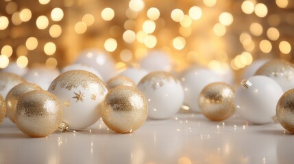 Fototapeta na wymiar White and golden Christmas balls on bokeh background. Christmas and New Year concept