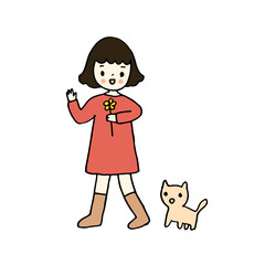 Cute girl walking with dog, hand drawn style vector