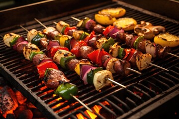 skewers with grilled vegetables and mushrooms on bbq