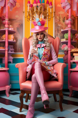 Portrait of a young woman, sitting in armchair, in colorfull mad hatter clothes, drinkig her tea. Fashion, costume, party, cosplay concept. AI generative, illustration. - obrazy, fototapety, plakaty