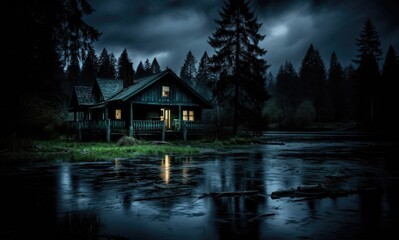Fototapeta premium Wooden cottage on the bank of a mountain river at night.