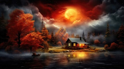 Fantasy landscape with house on the bank of a mountain river. Full moon. Bloody moonlight. Halloween card.
