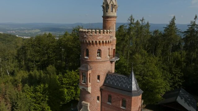 Aerial view of Goethe's Lookout Tower on Karlovy Vary (Carlsbad) hilltop, Czech Republic.