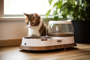 empty pet bowl next to a filled smart pet feeder