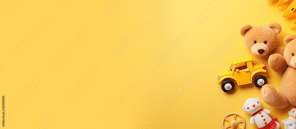 Aufkleber baby and children's toys are arranged on a yellow background in a flat lay style with empty space fo