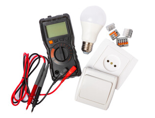 Electrician tool set isolated on white background. banner design. Electrical equipment, Multimeter,...