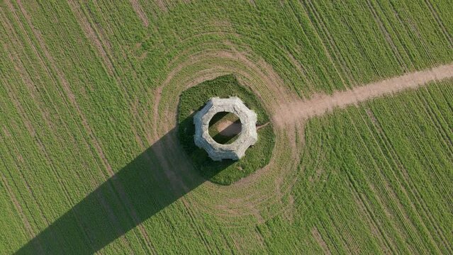 Top view of the Daymark tower in Kingswear, England standing in the middle of a green field