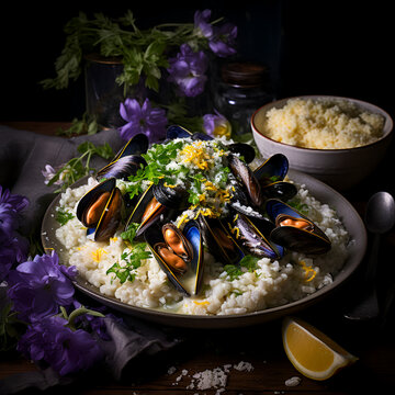 A taste of Australia: plump mussels served on a bed of rice, enriched with a luscious butter sauce, beautifully adorned with native Australian motifs. &uuml;&para;&trade;&uuml;&ccedil;&ouml;&uuml;&aring;&oslash;&sbquo;&uacute;&reg;