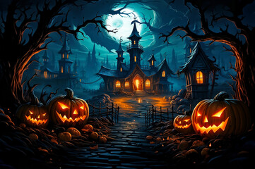 Fototapeta na wymiar Halloween pumpkins and Castle spooky in night