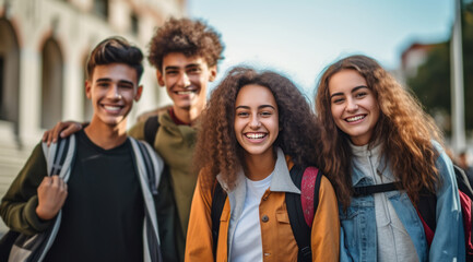 Fototapeta premium A diverse group of students, wearing backpacks and smiling, as they walk together towards a school building, symbolizing the excitement of returning to school. Generative Ai