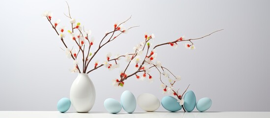 Obraz na płótnie Canvas A white modern vase with a branch adorned with Easter eggs is shown in the front view of the image.