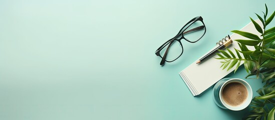 home office with a desk that contains a laptop, a blank notebook, a flower, a coffee cup, glasses, and