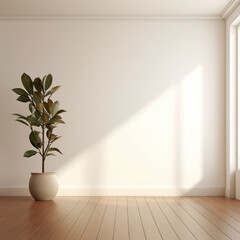 An empty white room with a wooden floor and a potted plant - obrazy, fototapety, plakaty