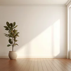 Fotobehang Tuin An empty white room with a wooden floor and a potted plant
