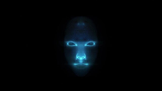 Face Scanning Digital blue lines connected dots hologram motion animation future rotating vr polygonal man head body interface sensor software model protected safety