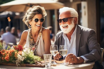 Old couple having romantic date on a restaurant