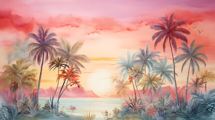 Fototapeta na wymiar Tall tropical trees in morning sunrise colors, wall mural painted art, watercolor art style wallpaper background.
