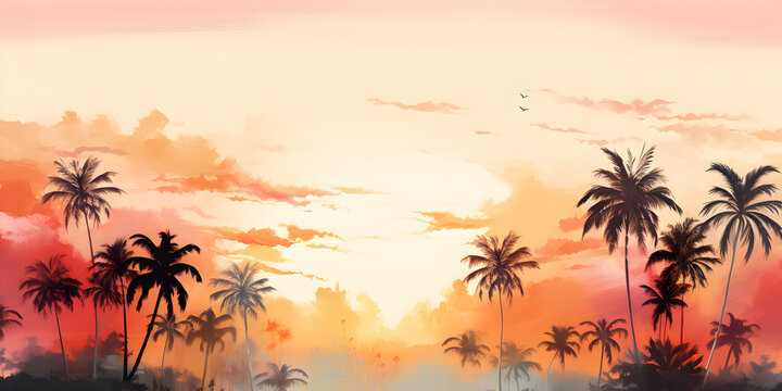 Tall tropical trees in morning sunrise colors, wall mural painted art, watercolor art style wallpaper background.